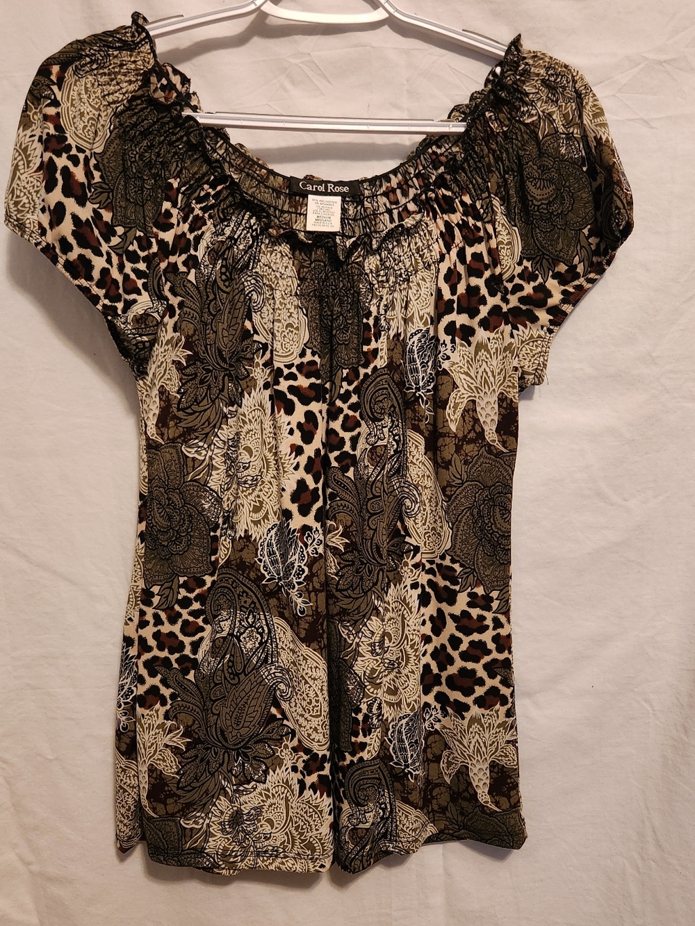 Carol Rose Brown & Green Paisley & Leopard Print Peasant Top